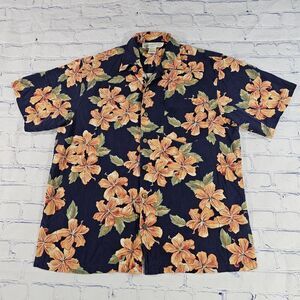 Vintage Pineapple Moon 100% Silk Blue Floral Hawaiian Shirt MENS SIZE M